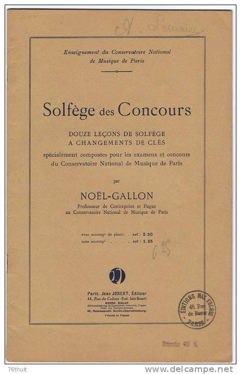 1927 - NOEL-GALLON - Douze Leçons De Solfège à Changement De Clés - Concours - Editions Jobert - Etude & Enseignement