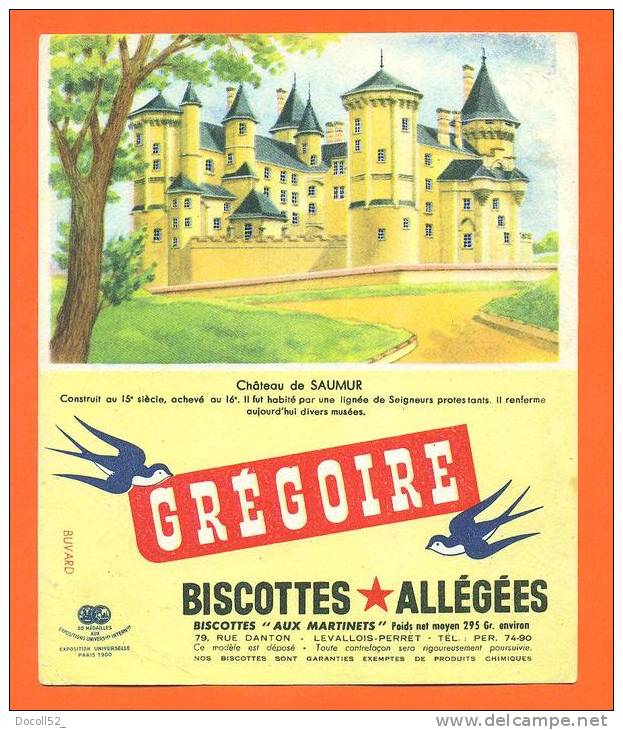 Buvard  "  Gregoire - Biscottes Allegées  " Chateau De Saumur - Biscottes