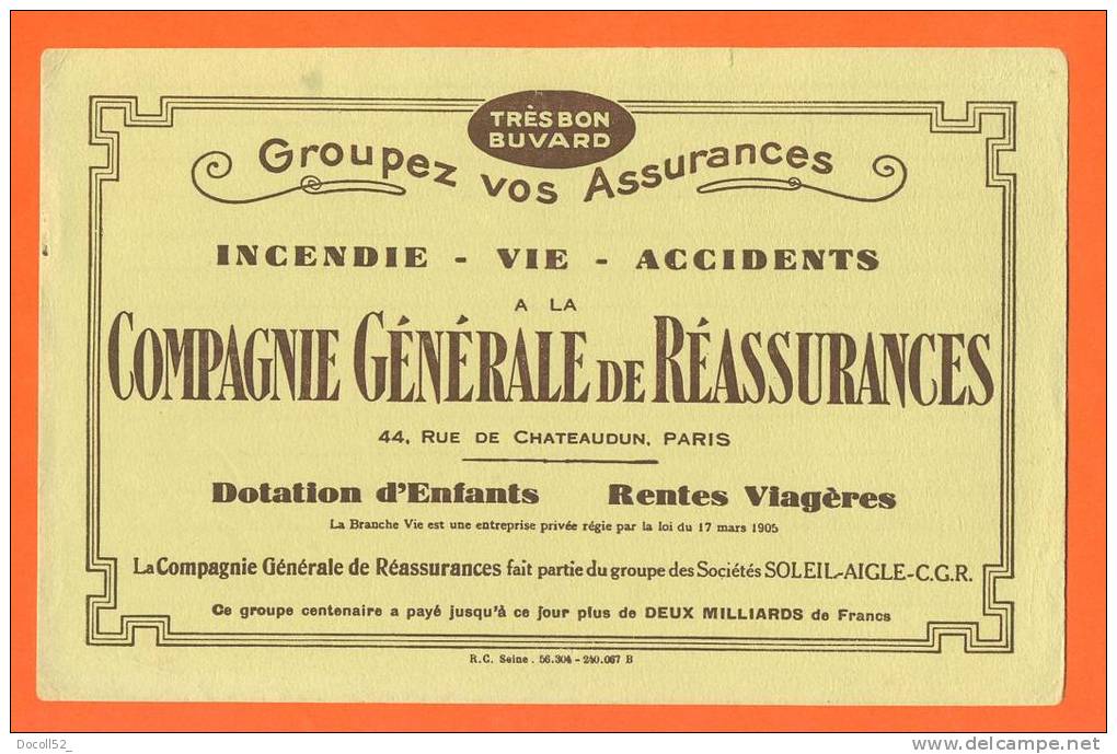 Buvard  "  Compagnie Generale De Reassurances  " - Bank & Insurance