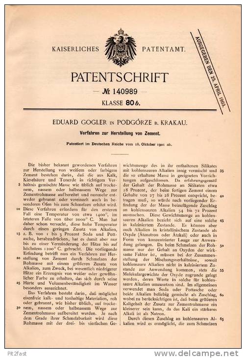 Original Patentschrift - E. Gogler In Podgórze B. Krakau ,1901, Herstellung Von Zement , Cement , Beton , Bau , Maurer ! - Historische Dokumente