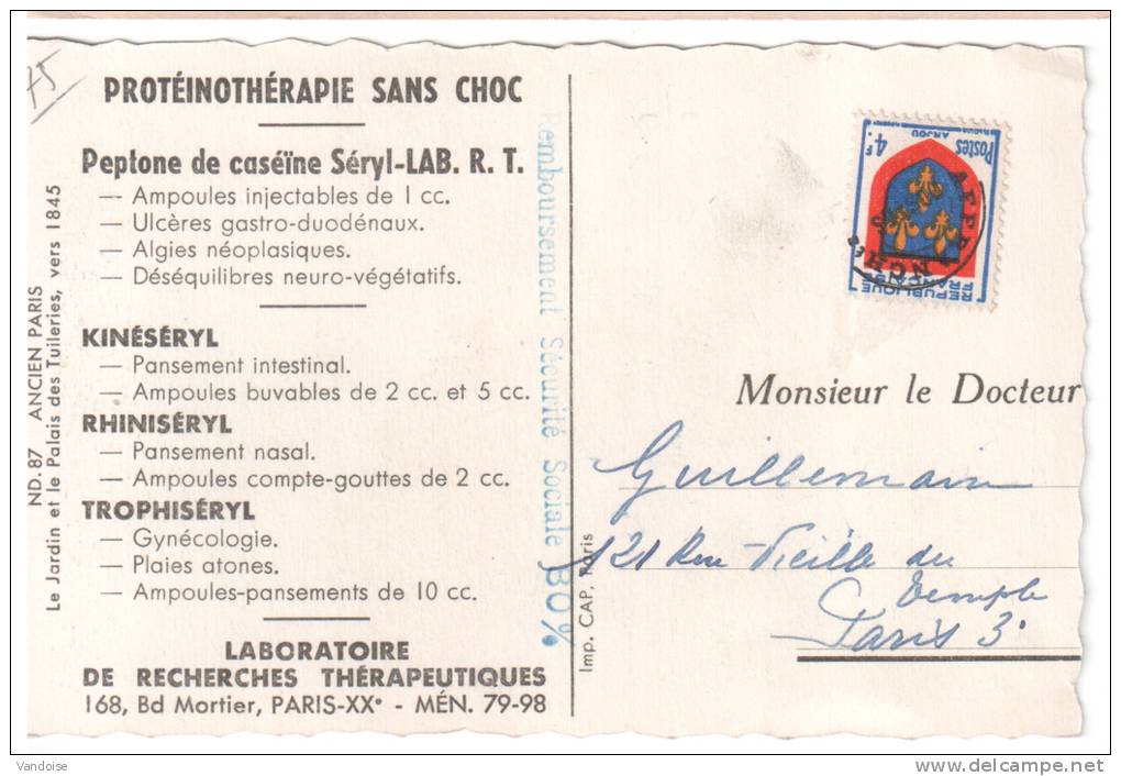 CARTE POSTALE PUBLICITAIRE LABORATOIRES DE RECHERCHES THERAPEUTIQUES AVEC TIMBRE PREO 4 FR BLASON  ANJOU - Farmacia