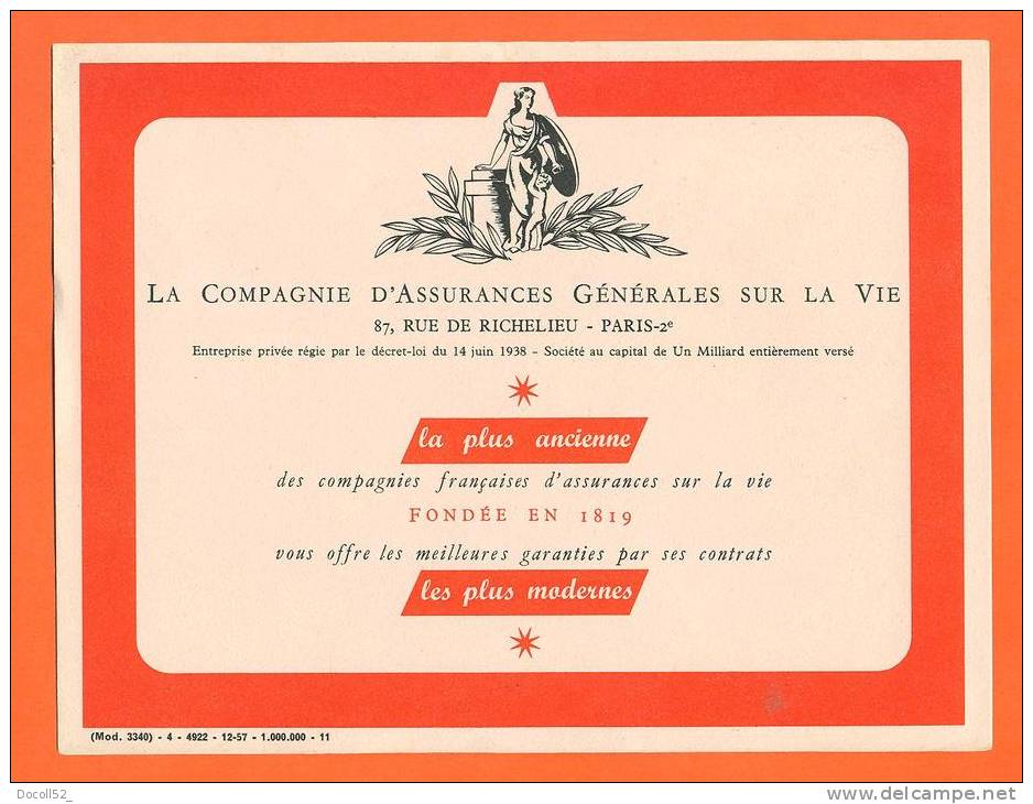 Buvard  "  Compagnie D'assurances Generales Sur La Vie  " - Bank & Versicherung