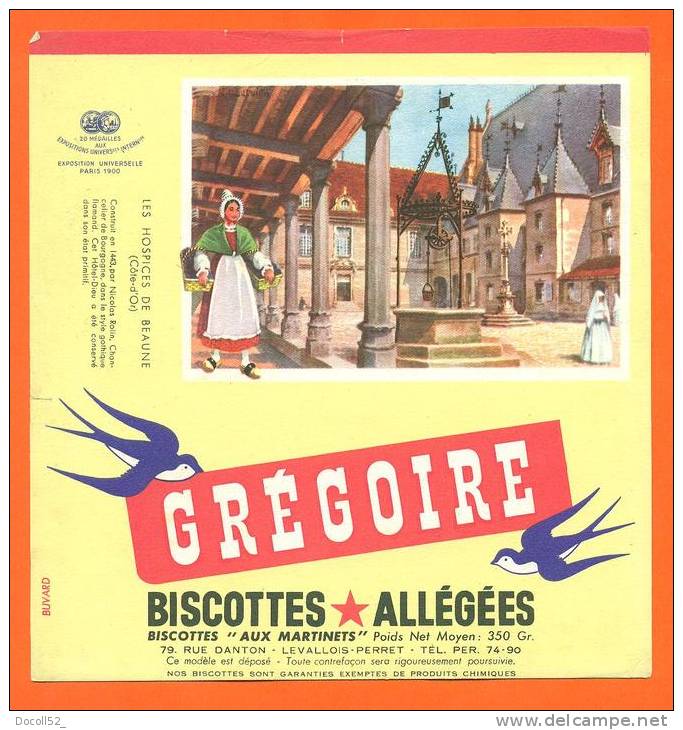 Buvard  "  Grégoire - Biscottes Allegées  "  Hospices De Beaune - Biscottes