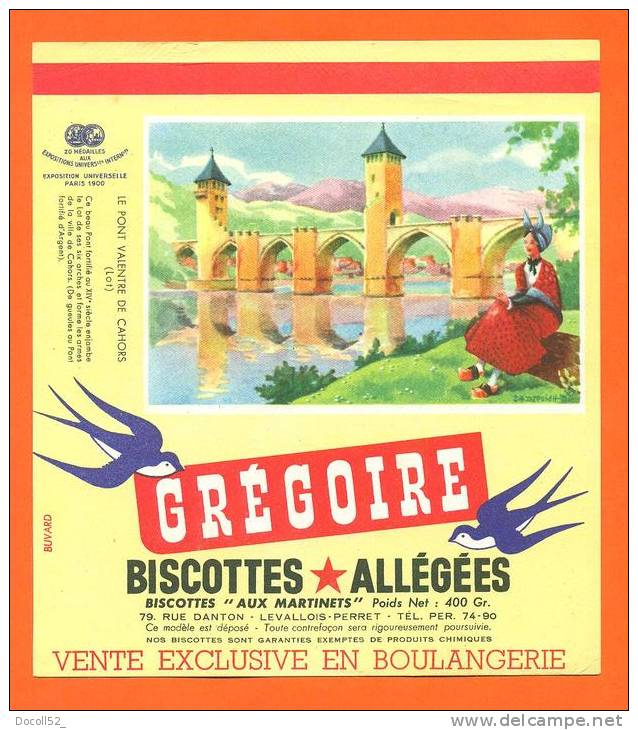 Buvard  "  Grégoire - Biscottes Allegées  "  Le Pont Valentre De Cahors - Biscottes