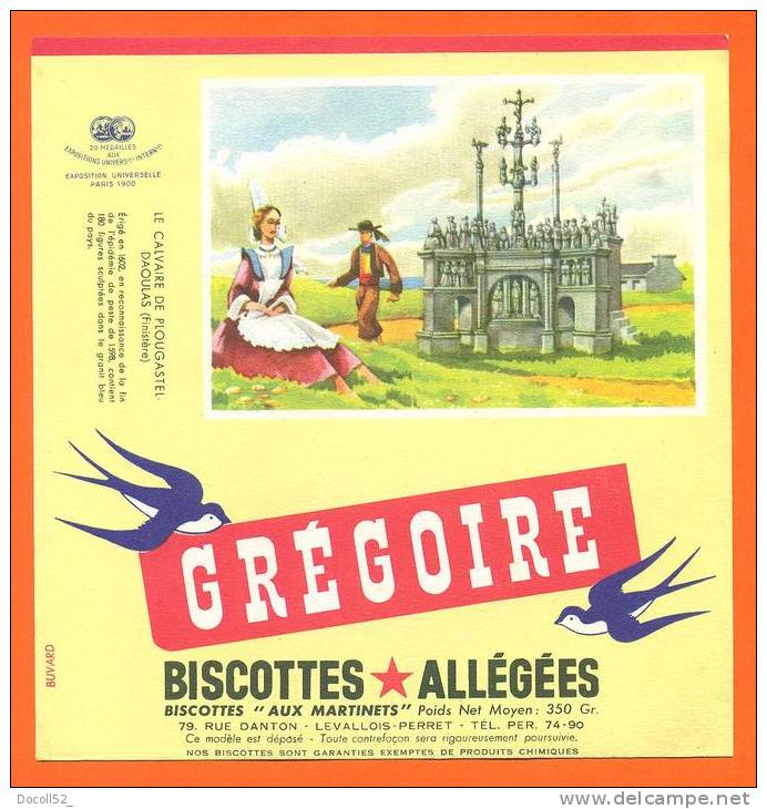 Buvard  "  Grégoire - Biscottes Allegées  "  Le Calvaire De Plougastel Daoulas - Biscottes