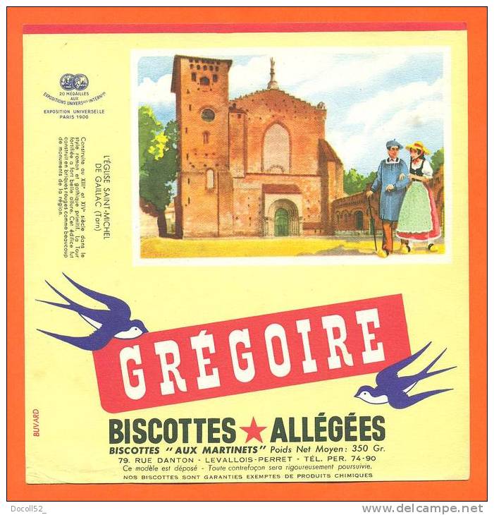 Buvard  "  Grégoire - Biscottes Allegées  "  L'eglise Saint Michel De Gaillac - Biscottes