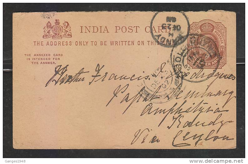 India  1902 KE  1/4A Post Card To Candy Ceylon # 42980 - 1902-11  Edward VII