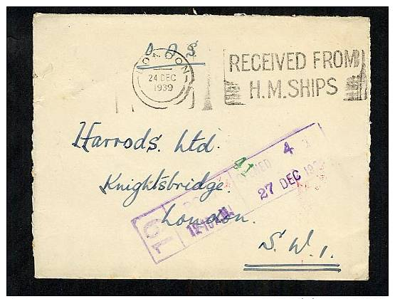 GB 1939 Censored Cover From HM Ships To Harrods  (V493) - Marcofilia