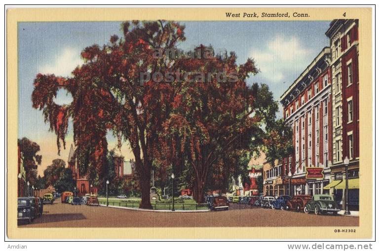 STAMFORD CT- WEST PARK STREET SCENE~c1940s Linen CONNECTICUT Postcard-CARS  [c3688] - Stamford