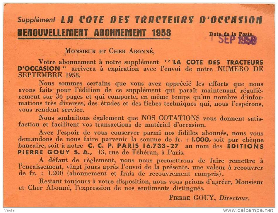 Réf : D-13-1152 : Carte De Réabonnement Revue "la Cote Des Tracteurs D'occasion" 1958 - Tracteurs