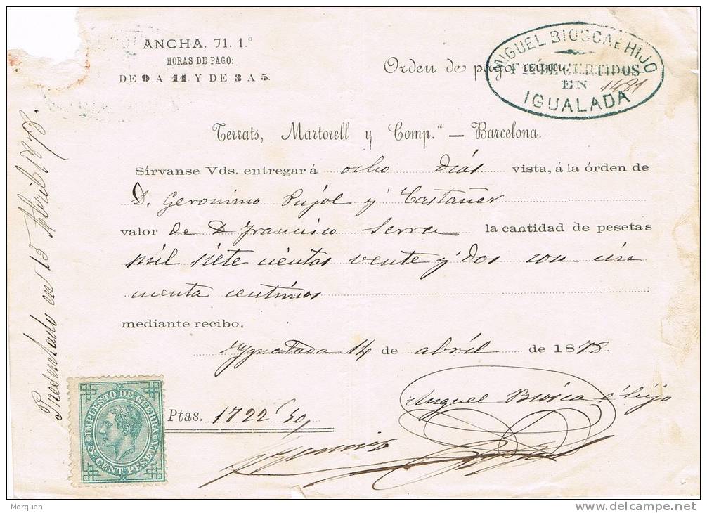 2361. Recibo IGUALADA (Barcelona) 1878. Sello Impuesto Guerra - Fiscales