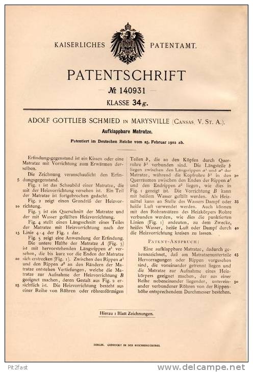 Original Patentschrift - A. Schmied In Marysville , Kansas , 1902 , Mattress With Heating !!! - Altri & Non Classificati