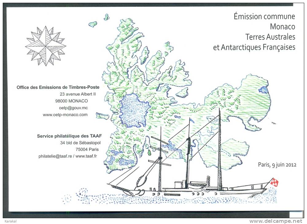 T20120609 Joint Issue Twin Issue Monaco TAAF Giant Petrel Kerguelen 2012 - Official Mixed Souvenir Card FDC - Autres & Non Classés