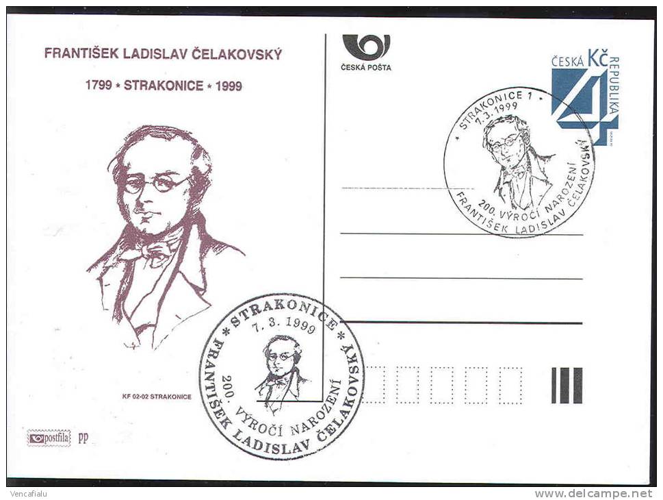 Czech Republic 1999 - 200 Years From Birth Day Nice  Poet F.J. Celakovsky - Special Postal Stationery And Postmark - Cartes Postales