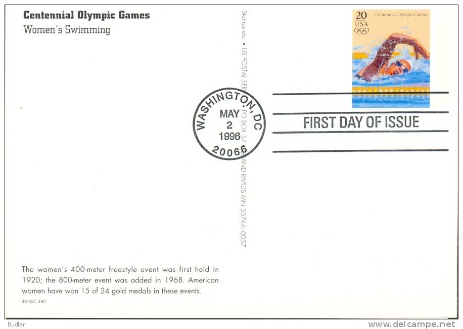 U.S.A. :1996: Not-trav. Postal Stationery : OLYMPICS, SWIMMING,NATATION,SCHWIMM EN,ZWEMMEN, - Natation