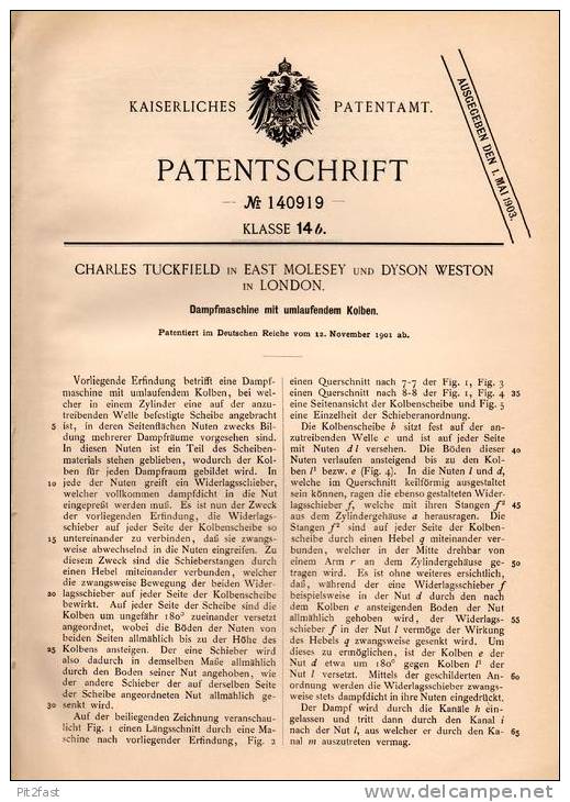 Original Patentschrift - C. Tuckfield In East Molesey , 1901 , Steam Engine With Rotating Pistons , Piston !!! - Tools