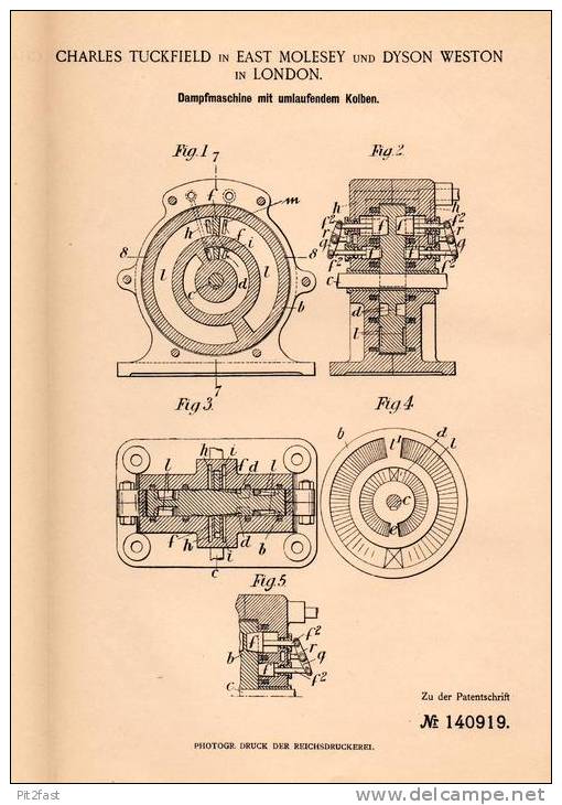 Original Patentschrift - C. Tuckfield In East Molesey , 1901 , Steam Engine With Rotating Pistons , Piston !!! - Tools