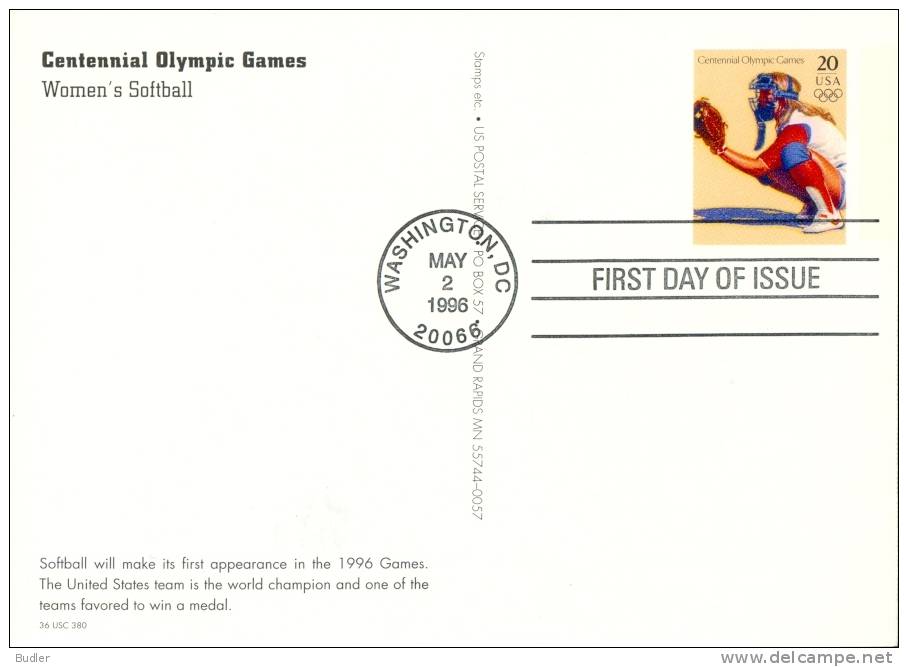 U.S.A. :1996: Not-trav. Postal Stationery : OLYMPICS,SOFTBALL,BASEBAL L,HONKBAL, - Base-Ball