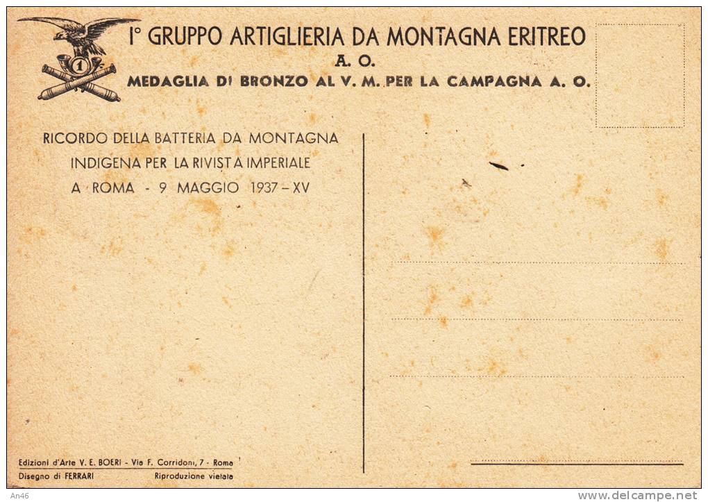 MILITARI SOLDATI COLONIALI ESERCITO FANTERIA ILL.FERRARI 1°GRUPPO ARTIGLIERIA DA MONTAGNA ERITREO-A,O.MEDAGLIA AUTENTICA - Manovre