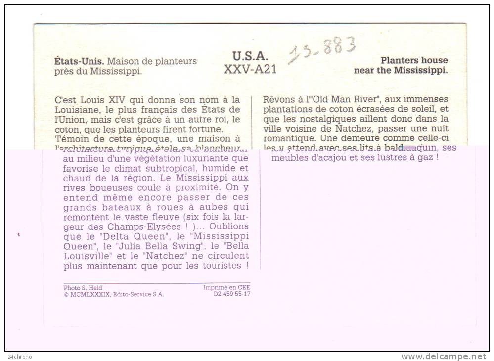 Etats Unis: Maison De Planteurs Pres De Mississippi, Planters House Near Mississippi (13-883) - Autres & Non Classés