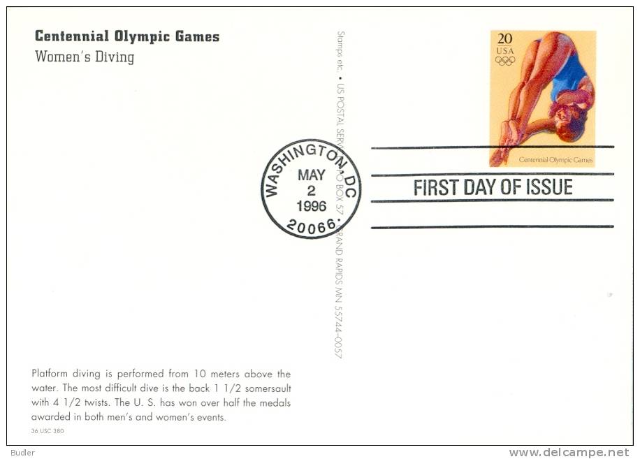 U.S.A. :1996: Not-trav. Postal Stationery : OLYMPICS, DIVING,DUIKSPORT,DUIKEN,T AUCHEN,PLONGÉE,PLONGER, - Plongée