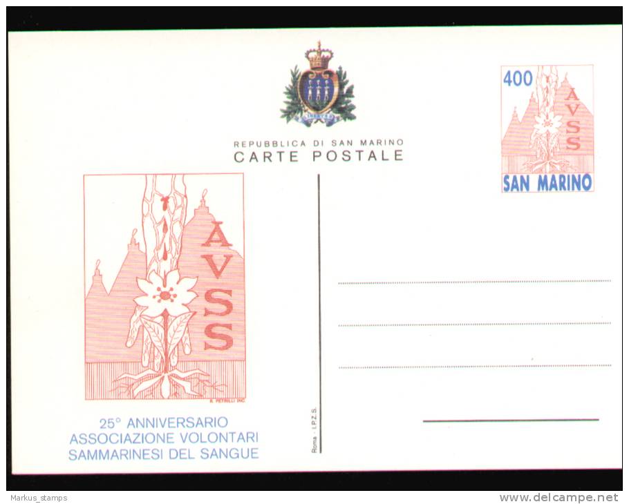 1985 San Marino, Blood Donation Association 25 Anniversary, AVSS Stationery Postcard, Cartolina Postale - First Aid