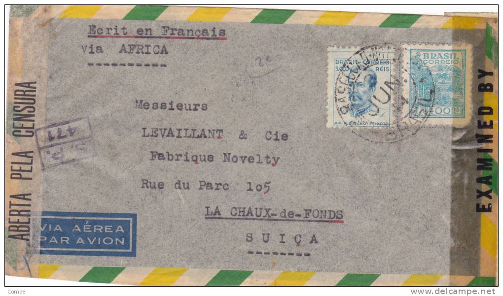 MARCOPHILIE , BRESIL, 1944, COVER LETTRE  CENSURA CASA NETTE - CHAUX DE FONDS SUISSE/ 3943 - Lettres & Documents