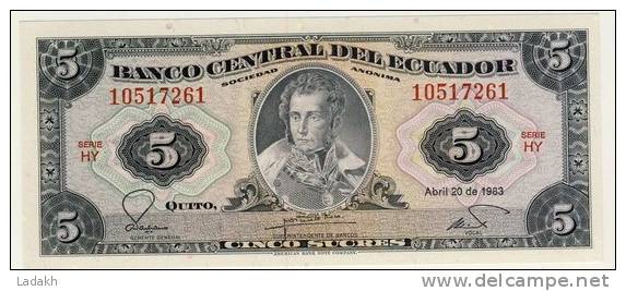 BILLET # EQUATEUR # 5 SUCRES # CINCO SUCRES # 1983 # ANTONIO JOSE DE SUCRE - Ecuador