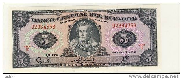 BILLET # EQUATEUR # 5 SUCRES # CINCO SUCRES # 1988 # ANTONIO JOSE DE SUCRE - Equateur