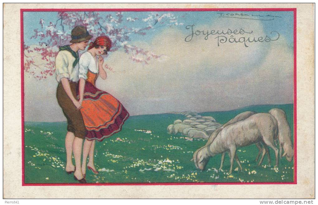 FEMMES - FRAU - LADY - Jolie Carte Fantaisie Italienne Couple Enlacé Avec Moutons De "Joyeuses Pâques" Signée CORBELLA - Corbella, T.