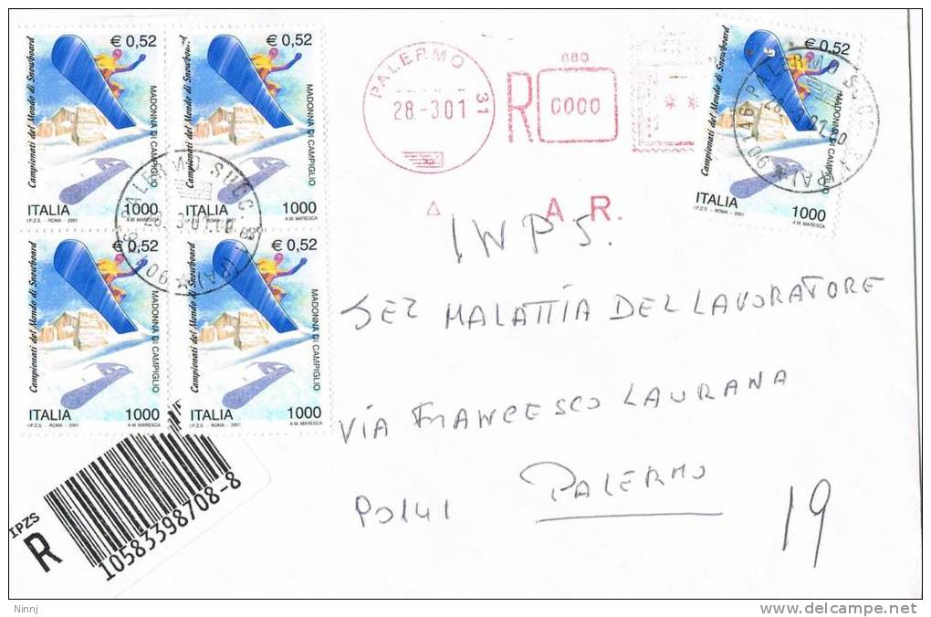 998- Italia Storia Postale 28.03.2001 Racc. Affr. Mecc. Rossa + 5 Valori X €. 0,52  Snowboard - 2001-10: Storia Postale