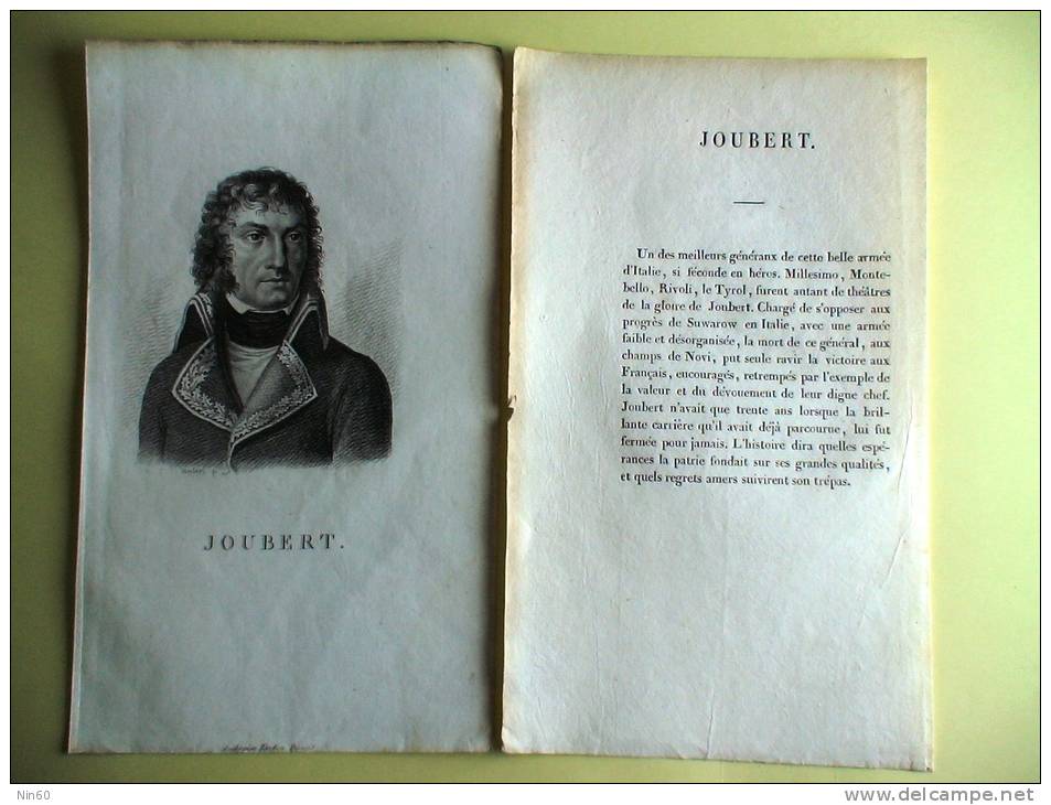 JOUBERT General, Gravure Tardieu 1818 + Brève Biographie, 2 P.  Armée Italie, Montebello, Rivoli, Tyrol, Novi - Estampes & Gravures