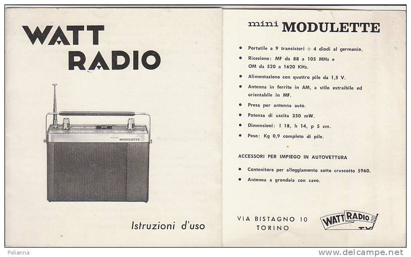 C0955 - ISTRUZIONI E SCHEMA RADIO MINI MODULETTE WATT RADIO Anni '60 - Empfänger