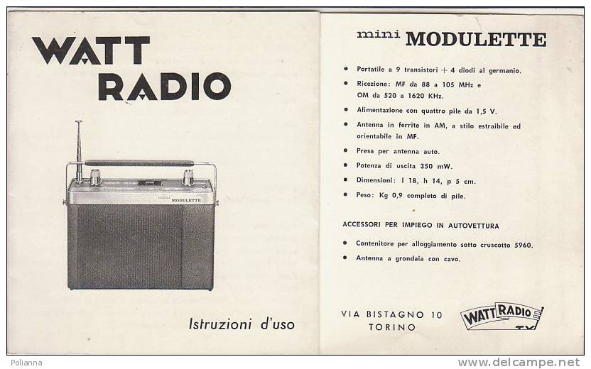C0955 - ISTRUZIONI E SCHEMA RADIO MINI MODULETTE WATT RADIO Anni '60 - Apparecchi
