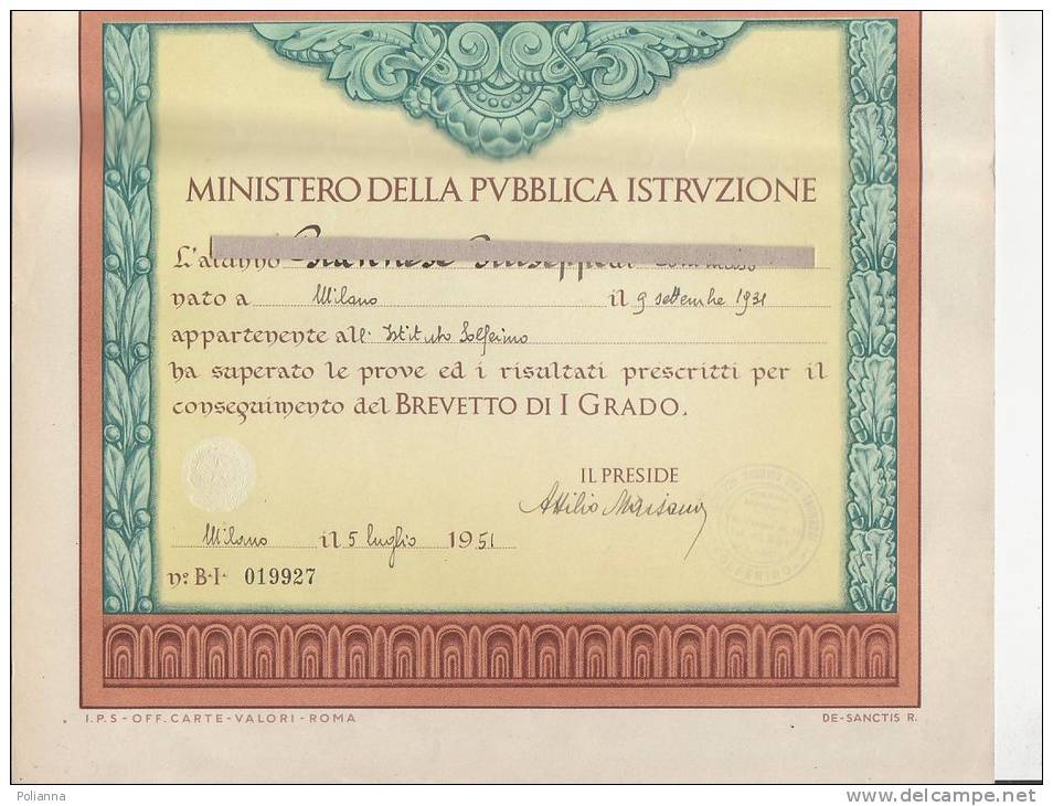 C0991 - DIPLOMA - BREVETTO ATLETICO - ISTITUTO SOLFERINO - MILANO 1951 - Atletica