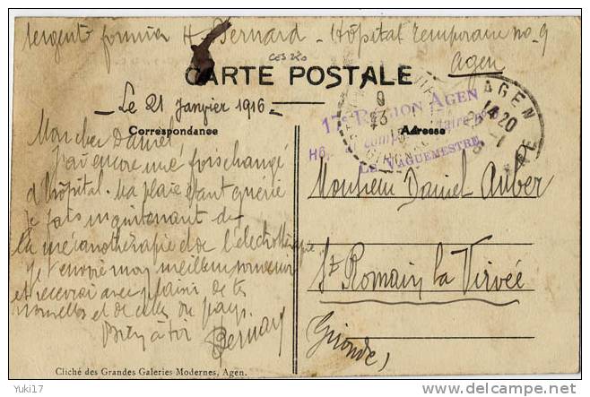 CACHET HOPITAL COMPLEMENTAIRE 9 AGEN LOT ET GARONNE - WW I