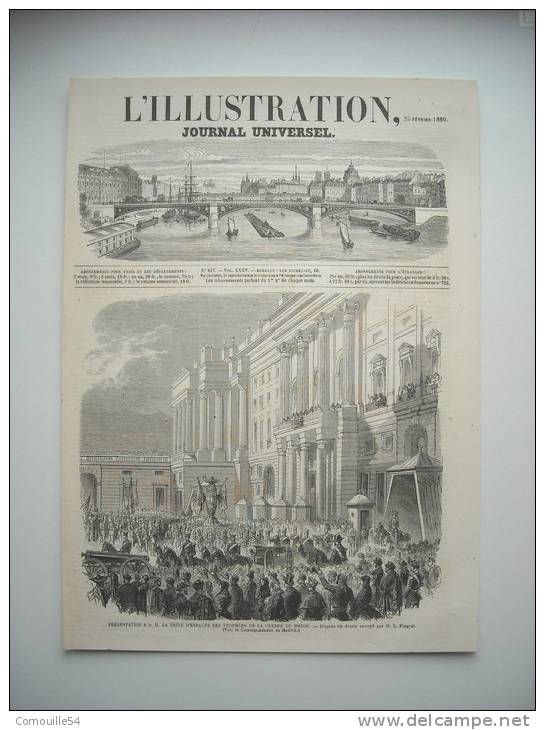 GRAVURE 1860. PRESENTATION, A S. M. LA REINE D’Espagne, DES TROPHEES DE LA GUERRE DU MAROC. AVEC EXPLICATIF AU DOS. - Stiche & Gravuren