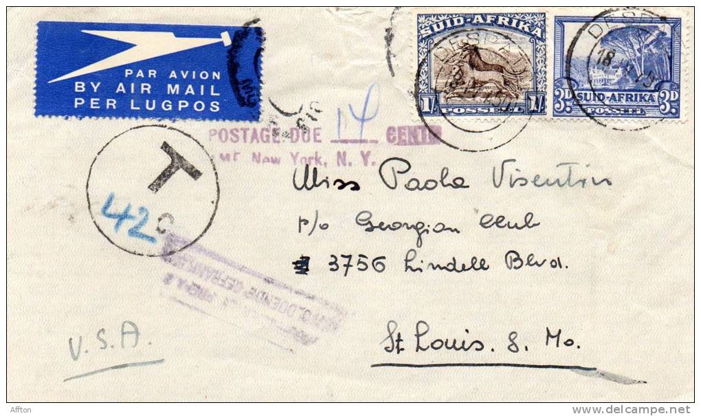 South Africa To USA Postage Due Old Front Of Cover - Covers & Documents