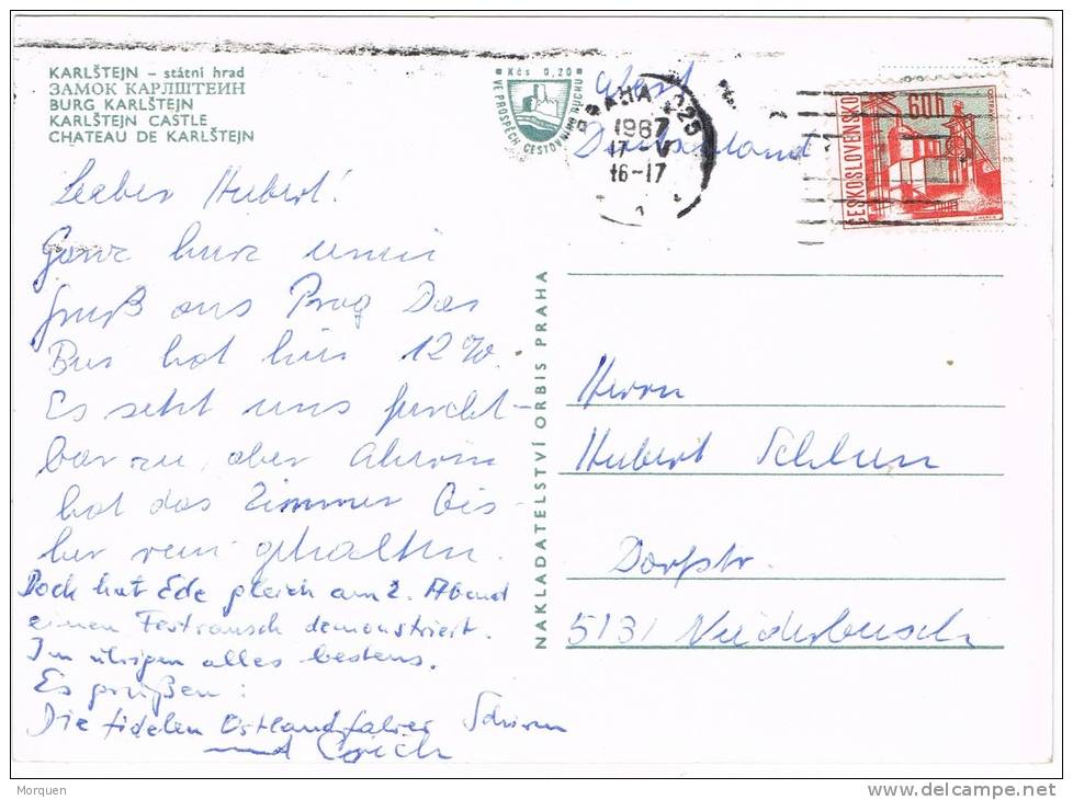 2429. Postal PRAHA (Checslovaquia) 1987, Hrad Karlstejn - Lettres & Documents