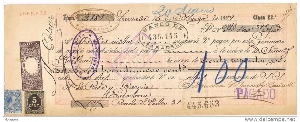 2436. Letra De Cambio SABADELL (Barcelona) 1899, Impuesto De Guerra Y 5 Cts Alfonso XIII - Steuermarken