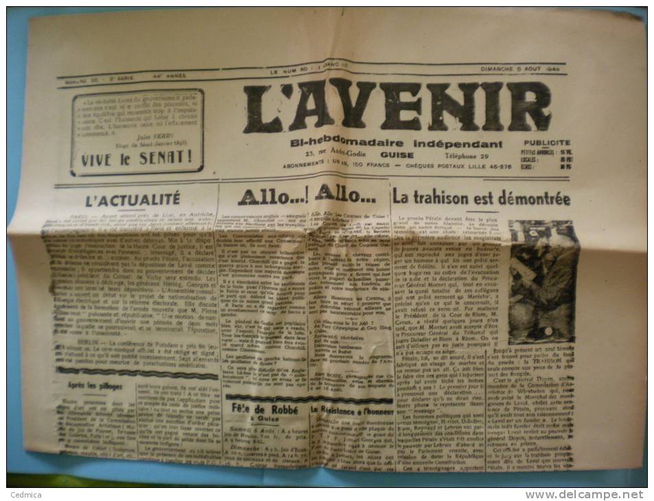 L´AVENIR GUISE AISNE NUMERO 86 DIMANCHE 5 AOUT 1945 - Autres & Non Classés