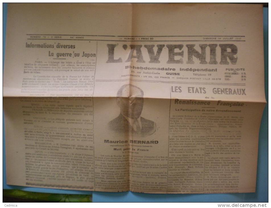 L´AVENIR GUISE AISNE NUMERO 76 DIMANCHE 1er JUILLET 1945 - Autres & Non Classés