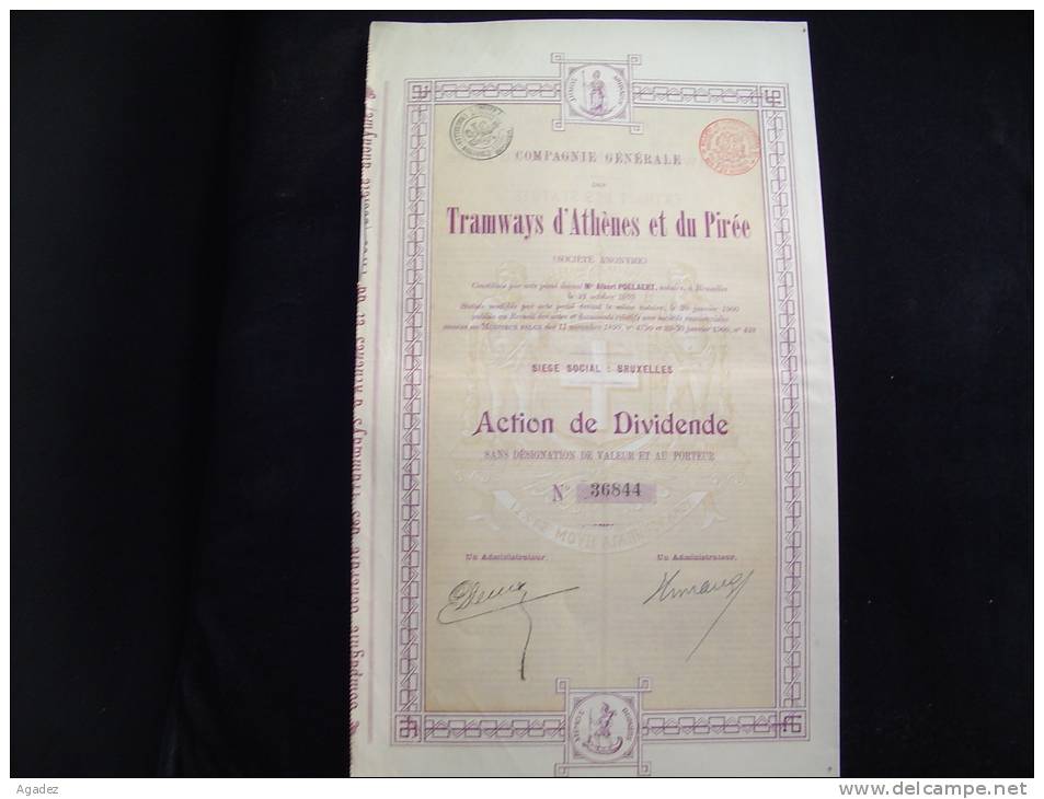 Actionde Dividende"Tramways D'Athènes Et Du Pirée"1900 Bon état,reste Tous Les Coupons. - Railway & Tramway