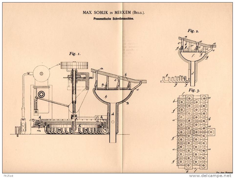 Original Patentschrift - Max Soblik In Merxem , 1898 , Pneumatische Schreibmaschine !!! - Maschinen