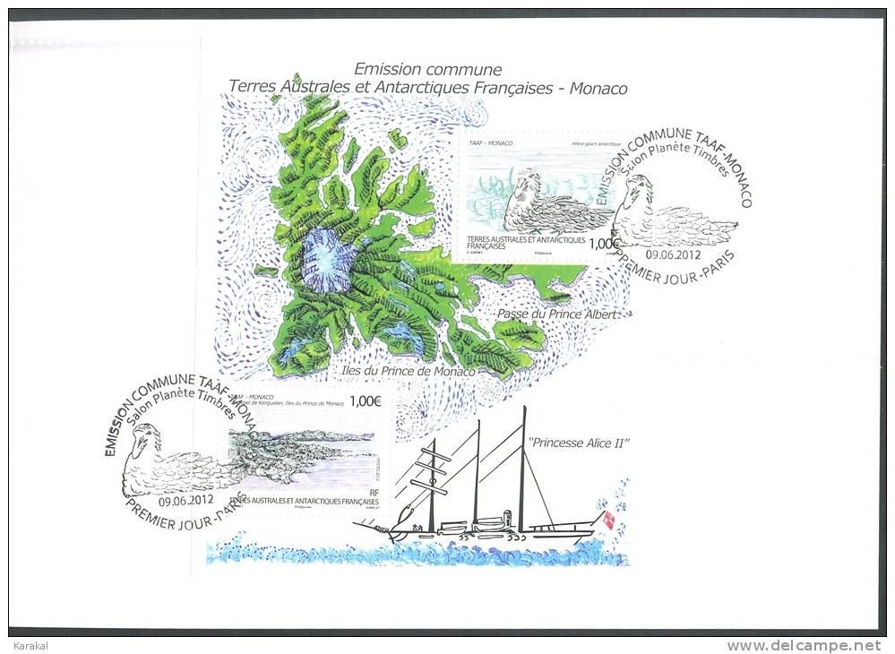 T20120609 Joint Issue Twin Issue Monaco TAAF Giant Petrel Kerguelen 2012 - Official Mixed Souvenir Card FDC - FDC