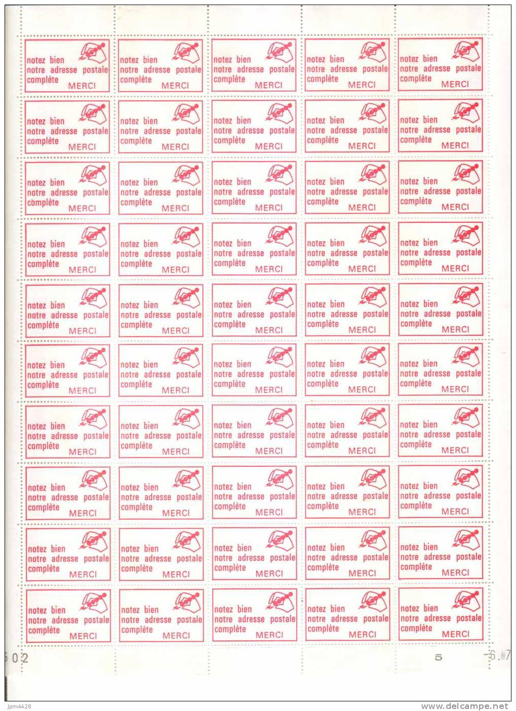 Vignette Propagande Utilisation Du Code Postal Feuille Entiére De 50 Exemplaires Avec Date 6-7-1979 - Blocks Und Markenheftchen