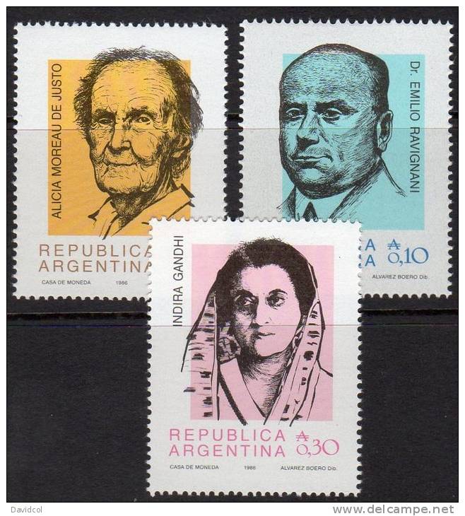 M836.-.ARGENTINIEN  / ARGENTINA  .-. 1986 . MI# : 1812-1814 .-. MNH -  INDIRA GANDHI, EMILIO RAVIGNANI AND ALICIA MORE - Neufs