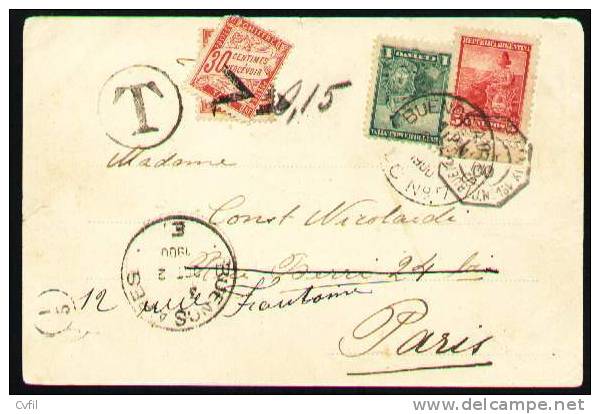 ARGENTINA 1900 - CARTE POSTALE Par PAQUEBOT LIGNE J Nº 1 Vers Paris, TAXÉE - Covers & Documents