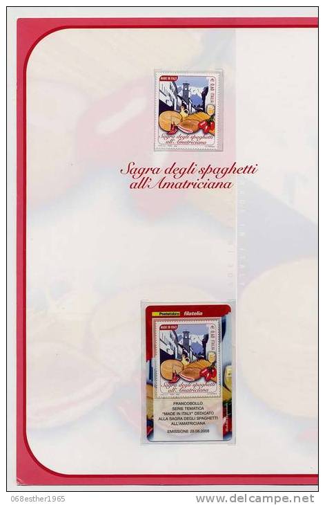 Poste Italienne 2008 Pochette Festival De Spaghetti Amatriciana Complet (sagra Degli Spaghetti All´ Amatrician Completo) - Pochettes