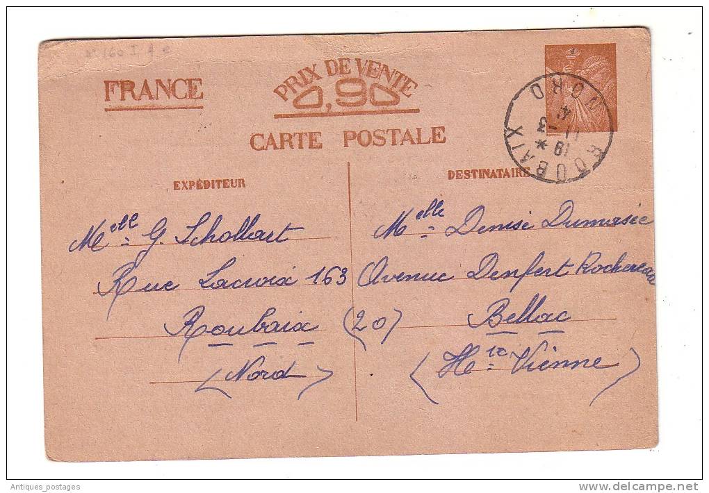 Entier Postal Iris Roubaix Nord 1941 Bellac Haute-Vienne - Cartes Postales Types Et TSC (avant 1995)